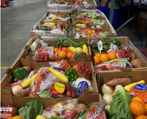 Boxes of fresh produce lined up in the warehouse
