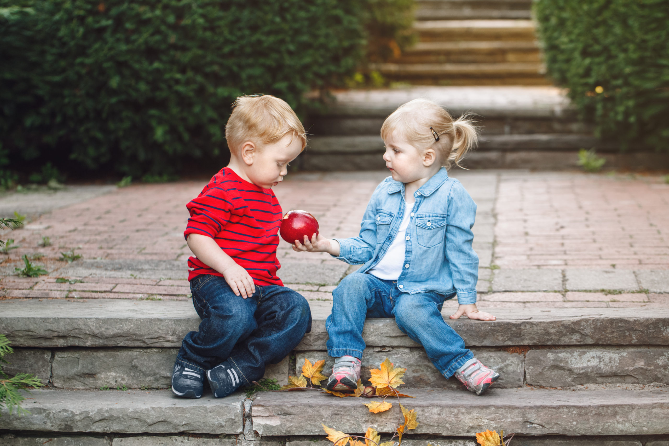 Young girl giving an apple to a young boy