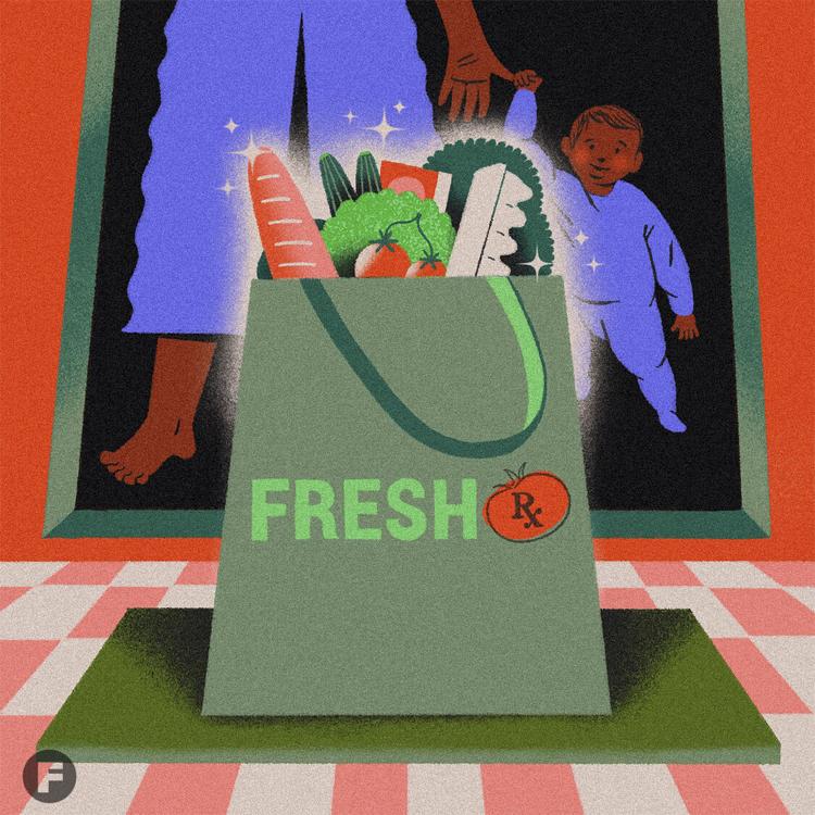 graphic depicting bag full of food in front of parent and child