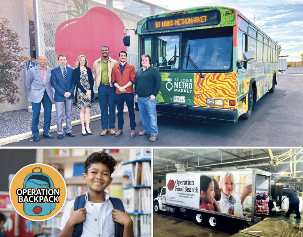 collage showing metro market bus, loading truck, kid enrolled in operation backpack