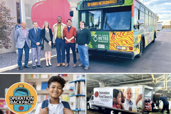 collage showing metro market bus, loading truck, kid enrolled in operation backpack